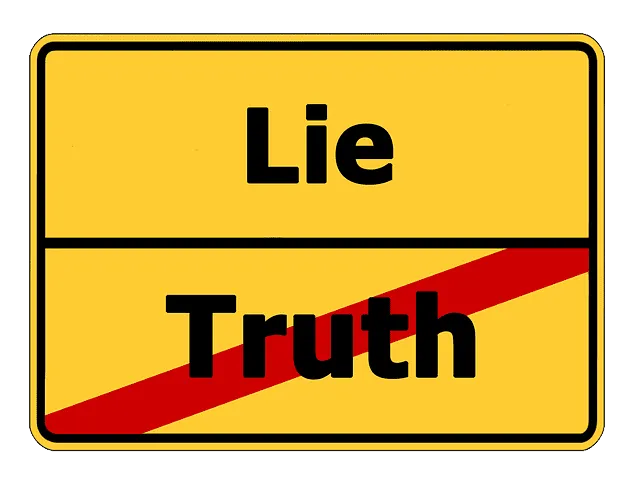 Deceptive yellow road sign with "Lie" above a red diagonal line and "Truth" crossed out, symbolizing misinformation versus ho