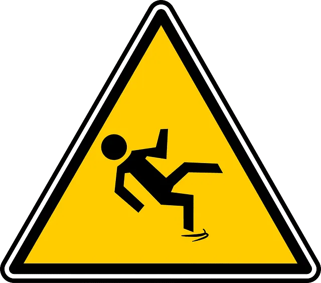 Safety warning sign with falling person icon, caution hazard symbol, workplace safety alert, emphasizing fall risk and safety