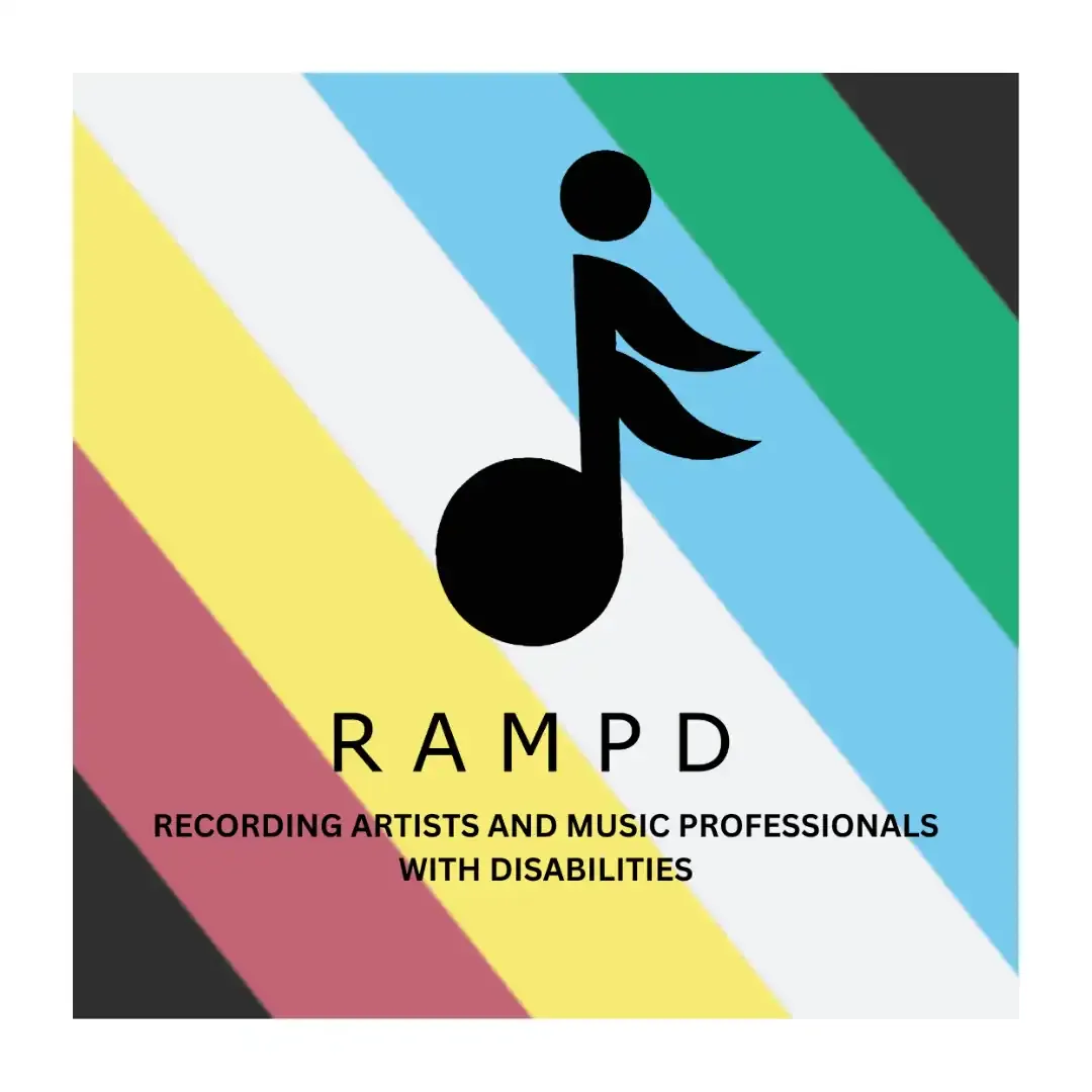 Music note with disability-friendly design in rainbow-colored stripes representing inclusive recording artists and music prof