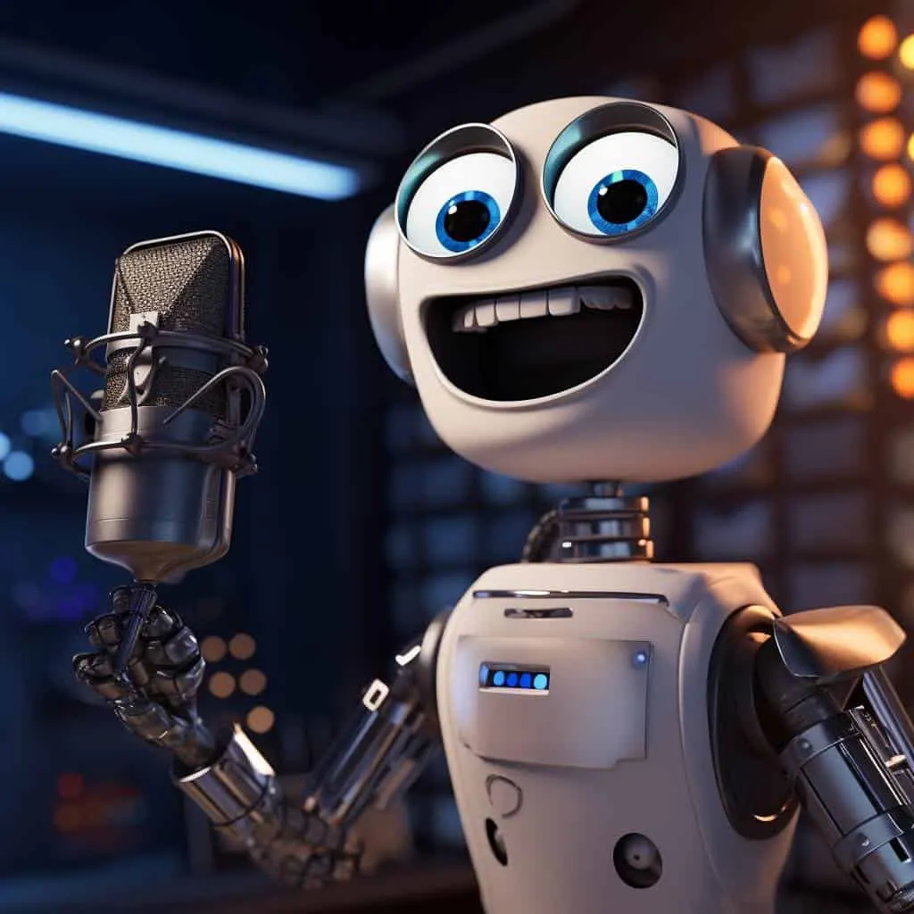 Robot with big expressive eyes and headphones singing into a microphone in a modern music studio for AI music production and