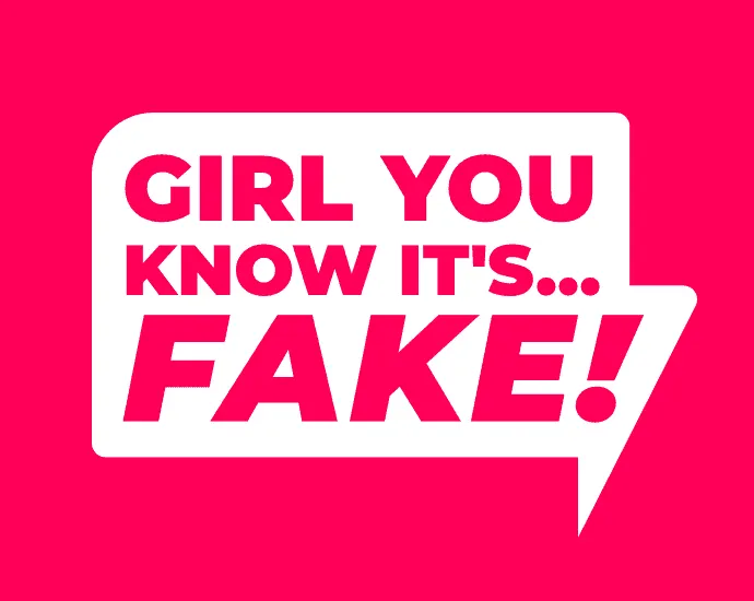 Fake promotional message with bold pink text warning about fake content or impersonation.