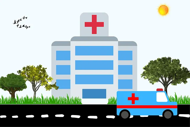 Ambulance parked outside a hospital with medical cross symbol, trees, and bright sunny day in a cartoon style healthcare scen