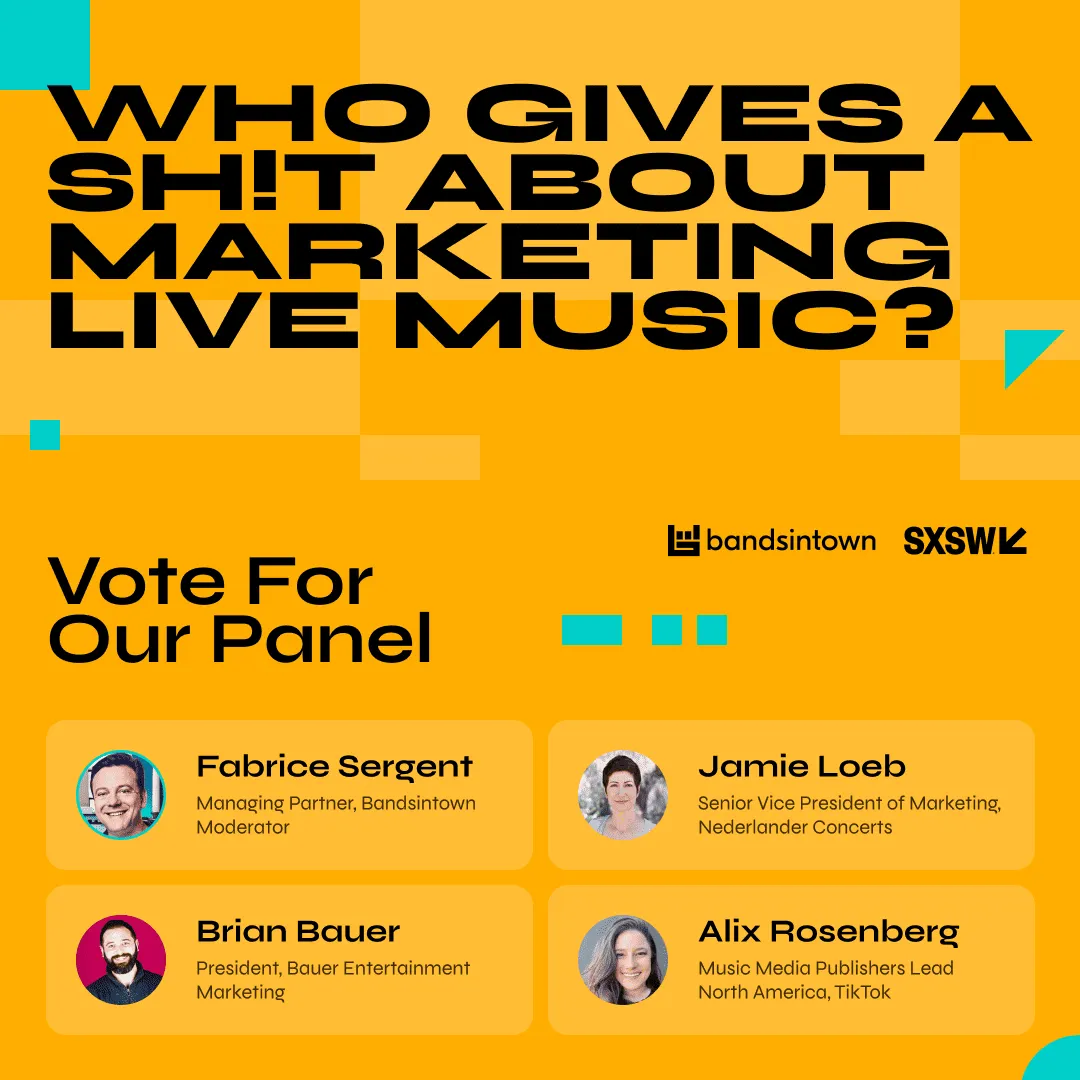 A vibrant green, orange, and yellow promotional graphic for a live music marketing panel at SXSW, featuring photos and titles