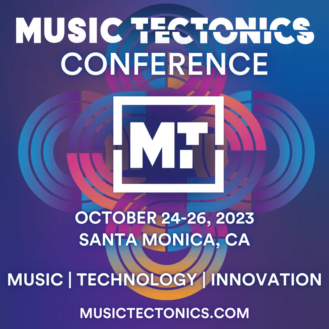 Music Techno Conference event poster with vibrant geometric soundwave graphics and bold text for SEO.