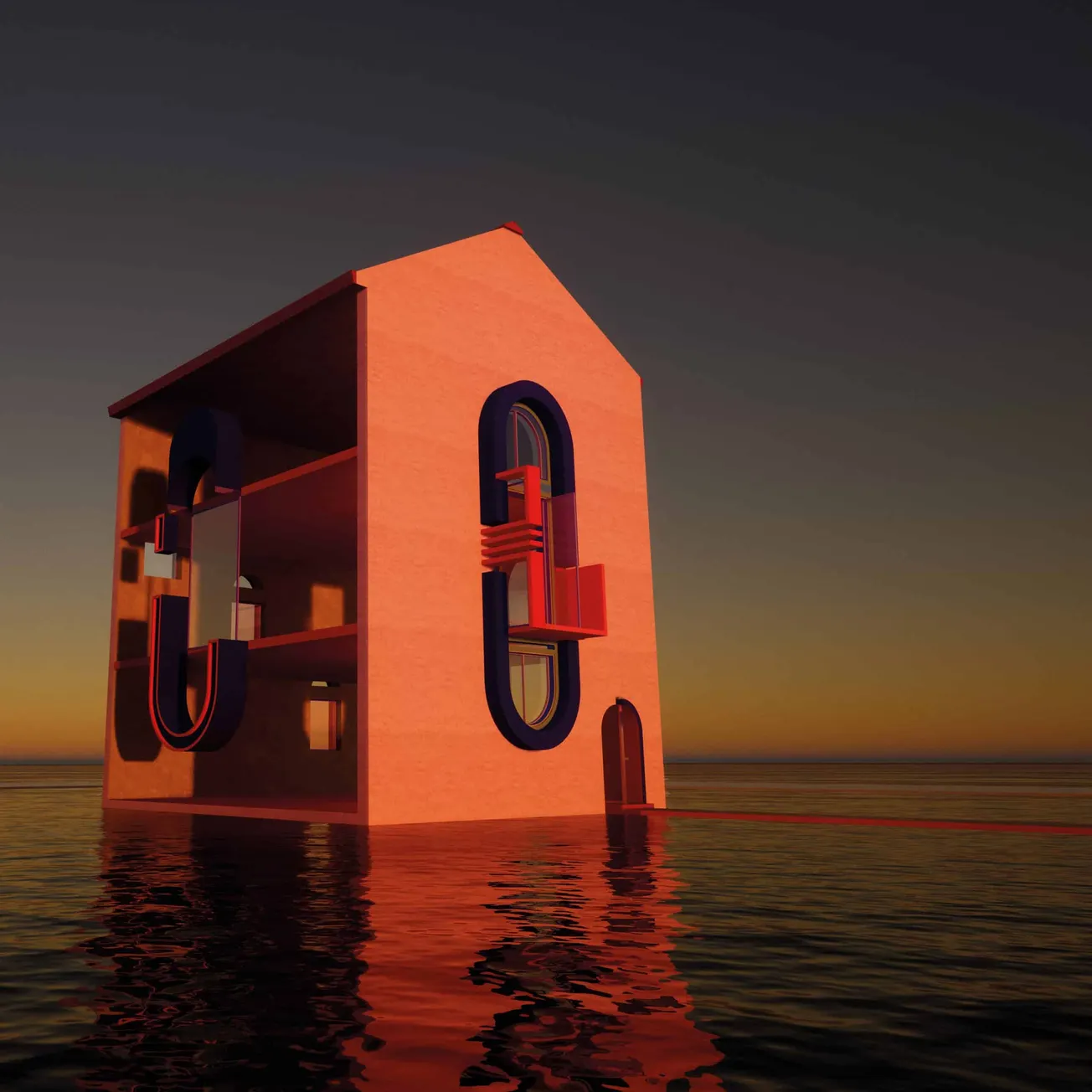 Vivid digital illustration of a modern house with creative advertising signage on water at sunset, emphasizing innovative arc