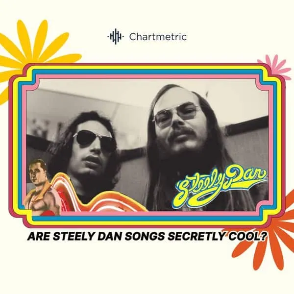Vintage black and white photo of Steely Dan band members with colorful retro graphic overlay, promoting music and album art,