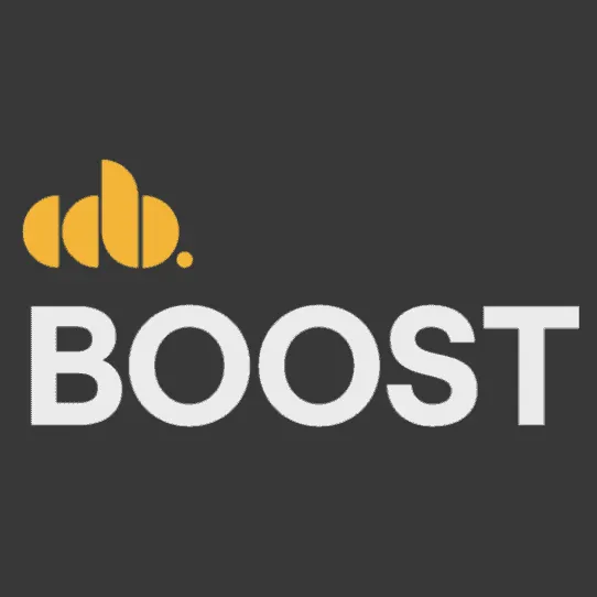 Adobe boost logo on dark background, digital marketing, online growth, advertising platform, SEO optimization.