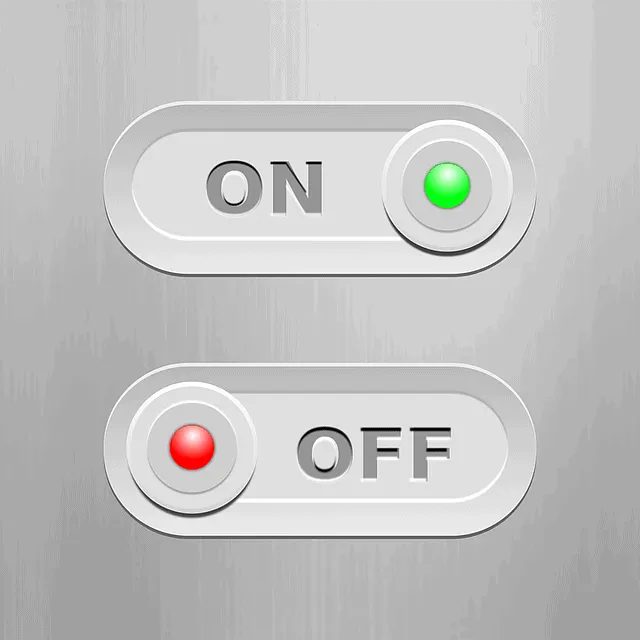 ON switch with green indicator light, toggle button representing activation and power control.