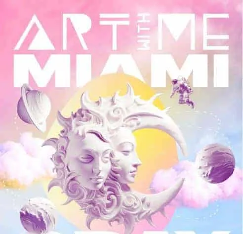 Vibrant digital artwork featuring artistic representations of the moon, clouds, and floating planets with the text "Art in Mi