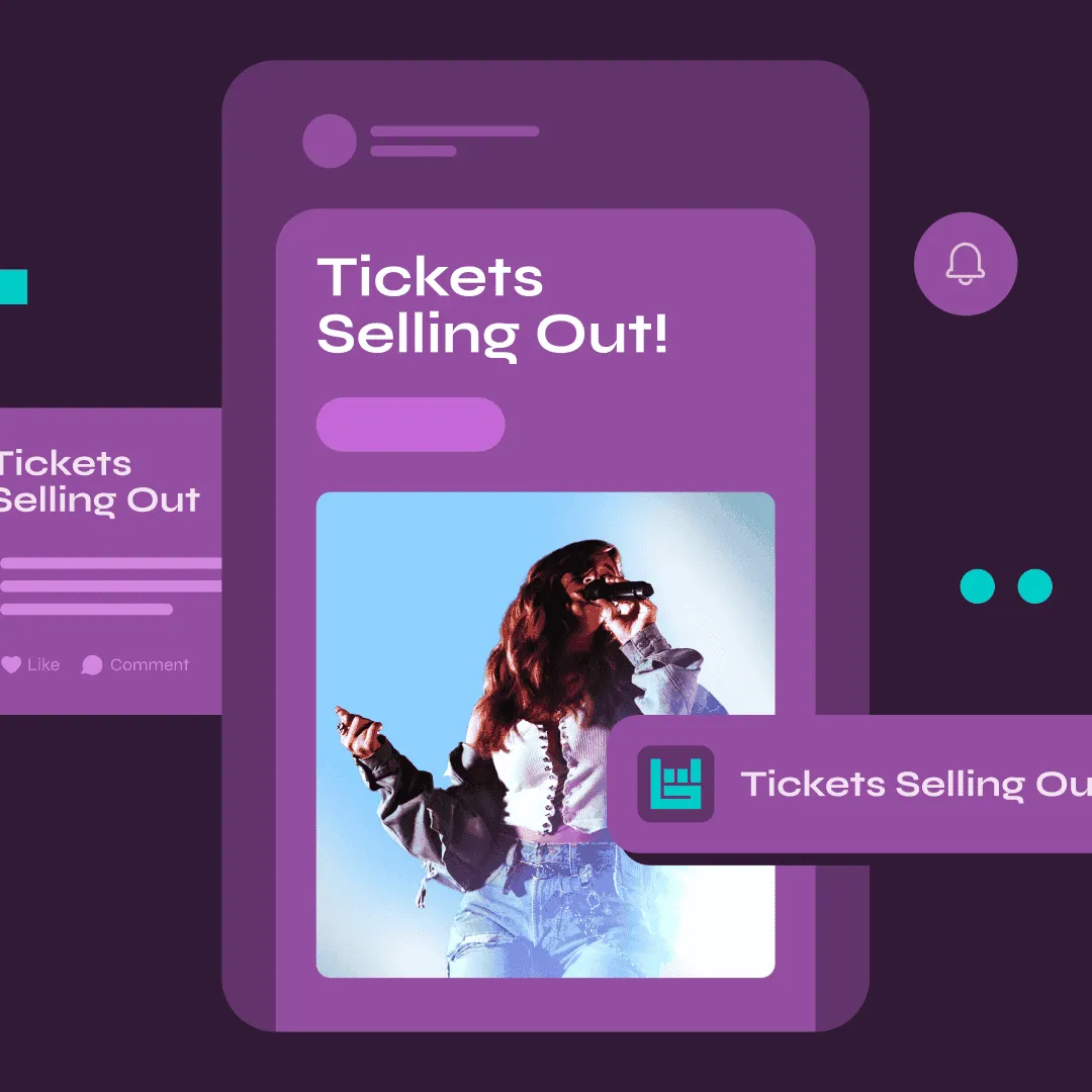 Tickets selling out fast for live music events and concerts. High demand for event tickets with graphics of a female singer,