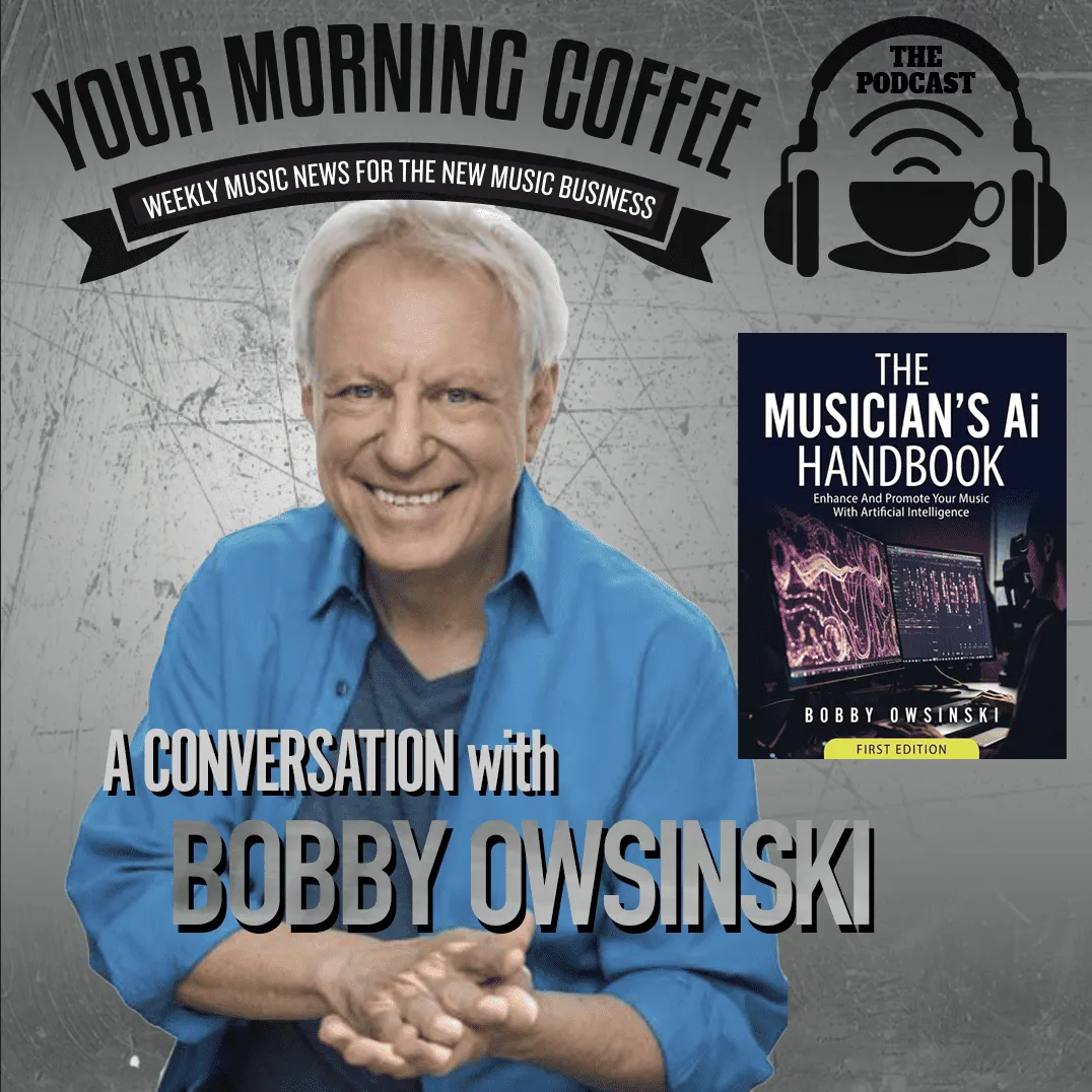 Bobby Owsinski engaging in a podcast interview about music industry innovations and AI music tools, promoting the "Musician's