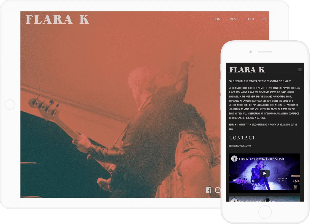 FFLARA K musician website on desktop and mobile showing artist bio and live performance videos, optimized for music promotion