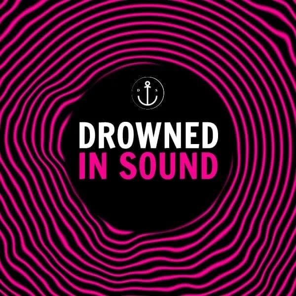 Drowned in sound music festival promotional graphic with bold pink and black concentric wave pattern, emphasizing music, soun