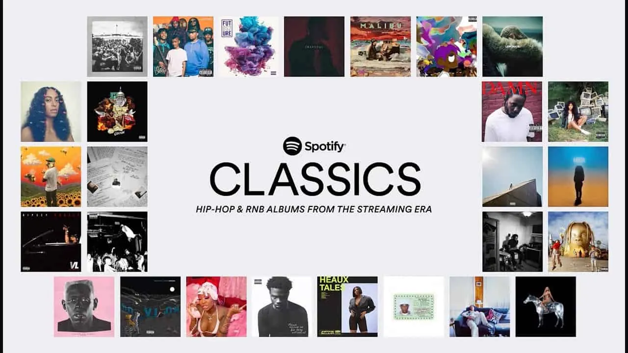 A collage of classic hip-hop and R&B album covers highlighting the evolution of streaming era music from Spotify Hypebot.