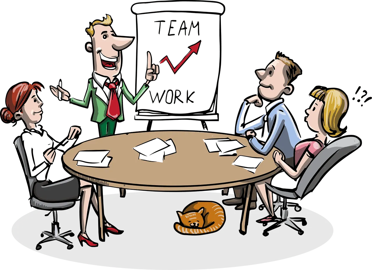 Team meeting discussing work progress and strategies, with a presenter pointing to a success chart on a flip chart, surrounde