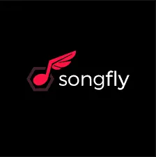 Songfly logo with pink musical note icon and black background, representing music platform branding.