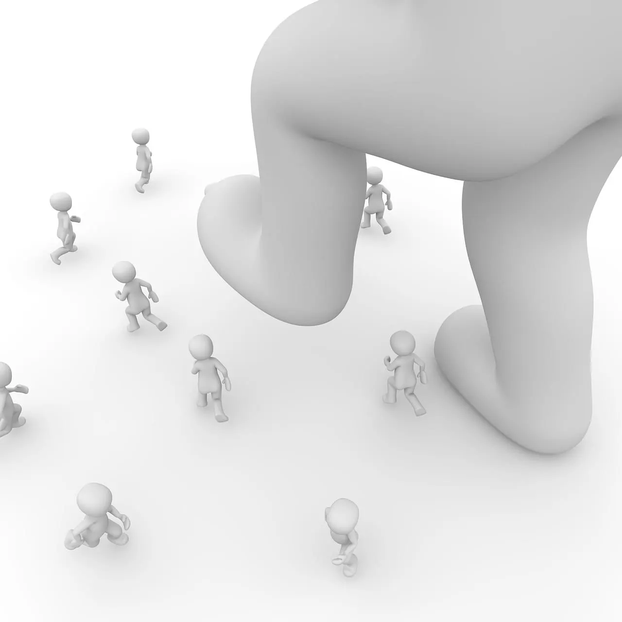 Large white thumb icon with small 3D human figures surrounding and walking towards it, symbolizing social influence, digital