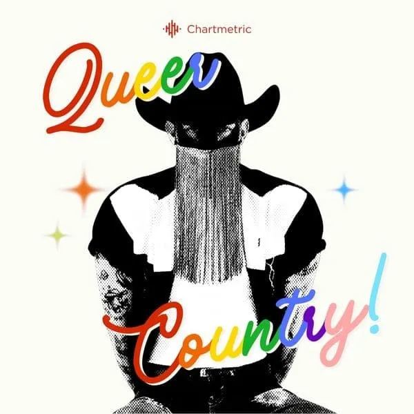 A cowboy figure with long hair and a mask, featuring colorful text that says "Queer Country" and a background with stars, pro