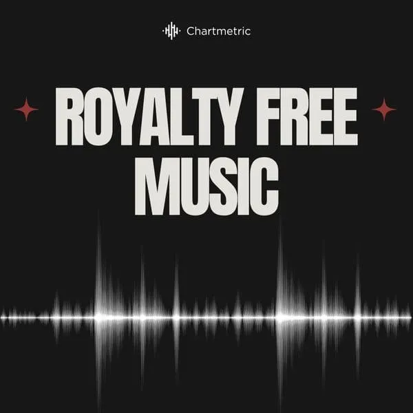 Royalty free music banner with sound wave graphic and bold text for free music content, royalty free audio, and licensing, su