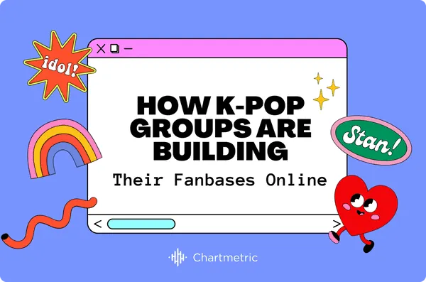 K-pop fan groups building online communities through social media and digital platforms, illustrated with playful colorful gr