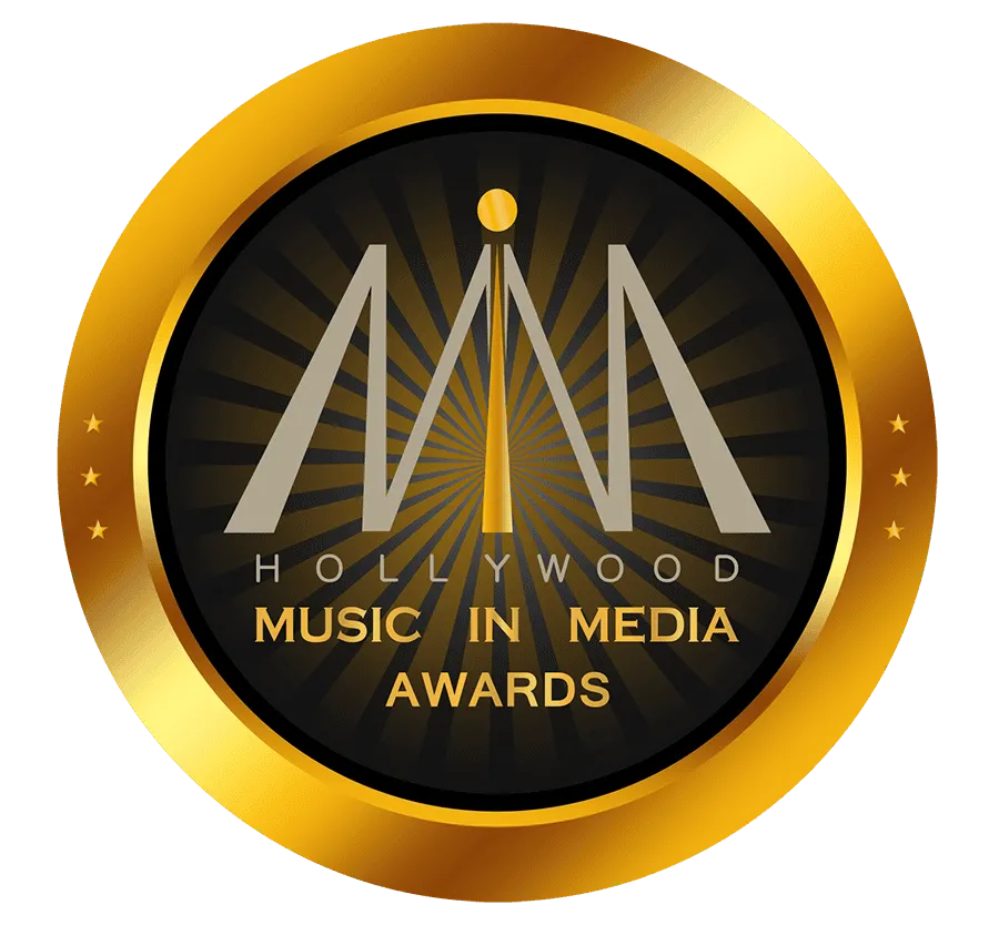 Golden Hollywood Music in Media Awards logo featuring a sleek black and gold circular design with stylized "H" and "M" letter