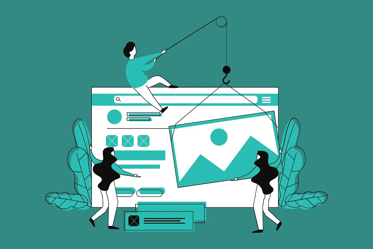 Modern digital marketing concept illustration with people working on a social media or website interface, emphasizing content