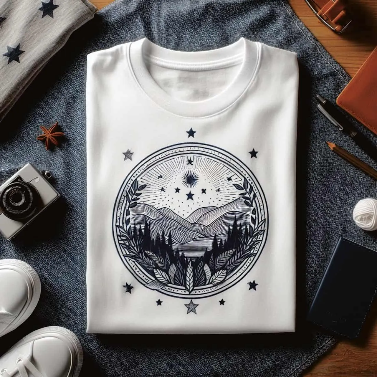 Vivid mountain landscape illustration on a white T-shirt with celestial elements, surrounded by photography gear and accessor