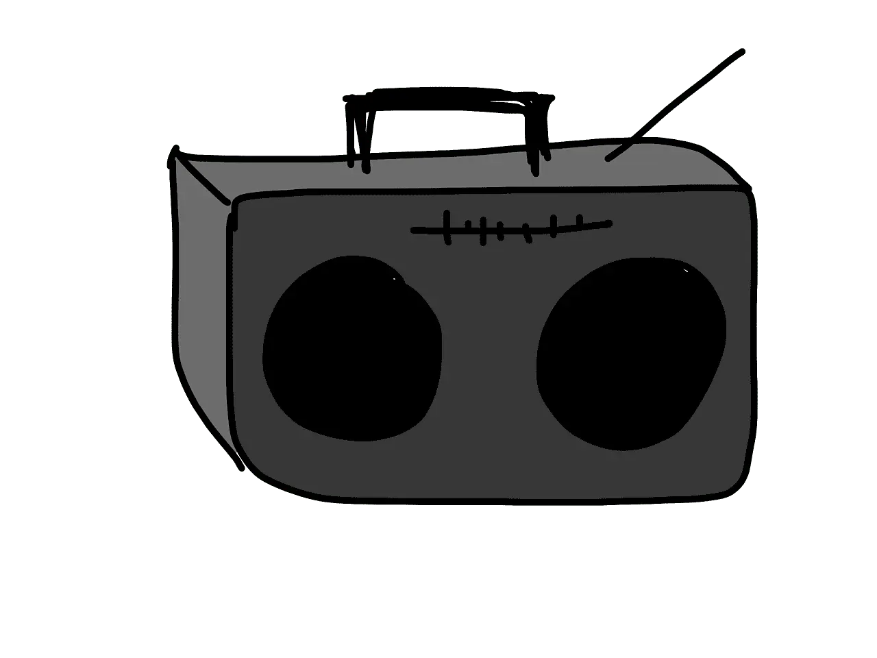 Portable boombox with speakers and antenna, illustrated in a hand-drawn style, representing music and audio equipment commonl