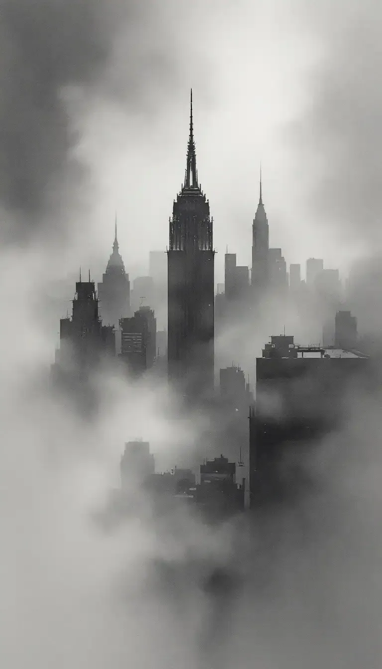 Gray-scale cityscape of New York City skyscrapers shrouded in fog, featuring the Empire State Building, creating a mysterious