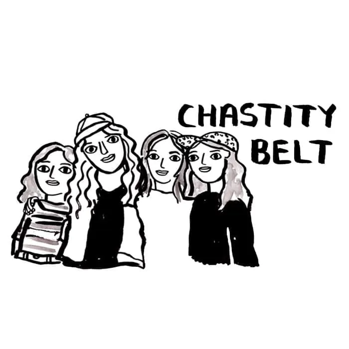 A black and white illustration of four girls with the text "Chastity Belt" in bold letters. The image suggests themes of empo