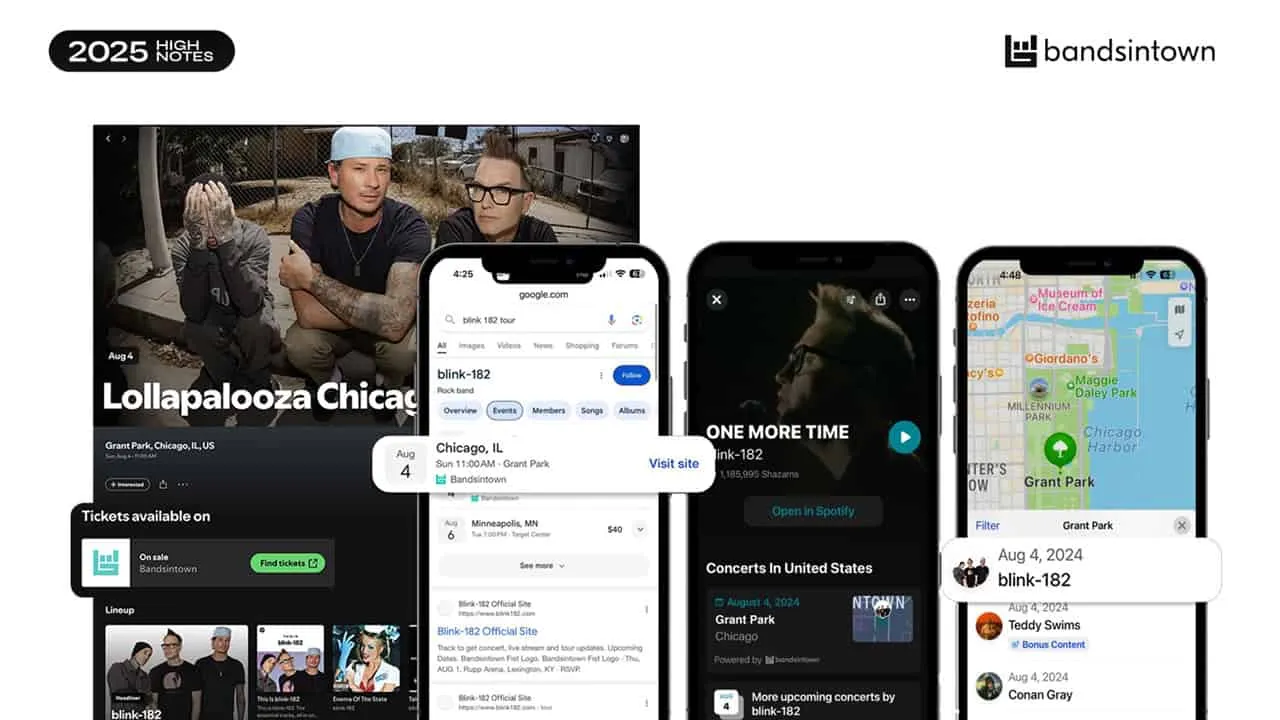 Live concert tickets for blink-182's Chicago show at Grant Park on August 4, 2024, available on Bandsintown app.