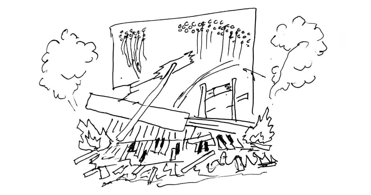 A sketch of a destroyed concert stage with broken pianos, scattered debris, and smoke, highlighting concert accident or stage