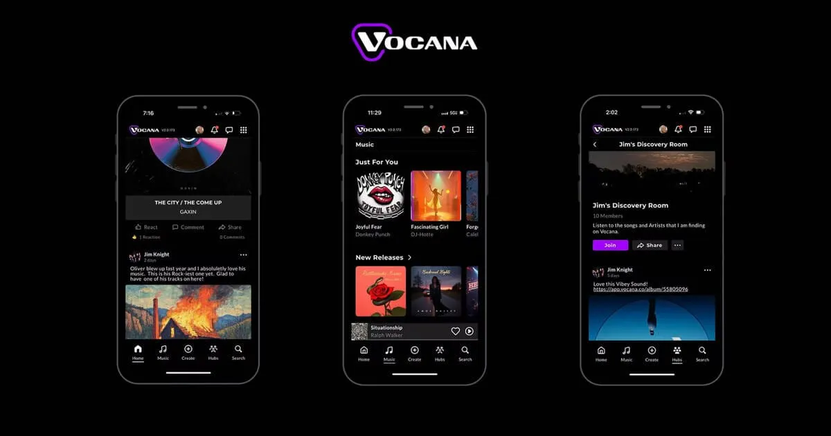 An image showcasing the Vocana music app interface on smartphones, highlighting features like music discovery, community room