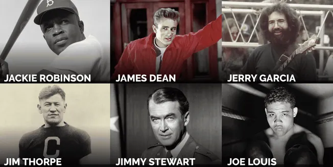 Black and white portraits of iconic celebrities including Jackie Robinson, James Dean, Jerry Garcia, Jim Thorpe, Jimmy Stewar
