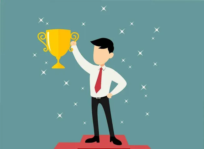 Successful business achievement, businessman holding trophy, victory celebration, professional success, career milestone, lea