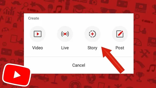 Create a social media story with a red arrow pointing to the 'Story' option in a YouTube content creation interface.