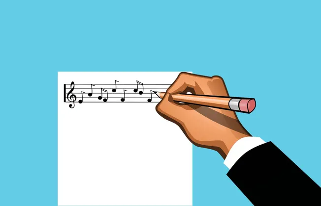 Music composition, musical notes, handwritten sheet music, digital illustration of a hand writing music, creative musical exp