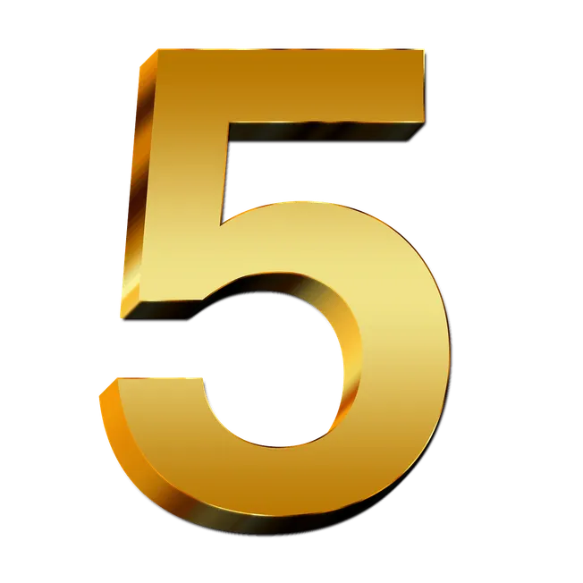 5. Metallic gold number 5 on black background, bold 3D design, perfect for milestones, anniversaries, or celebration graphics