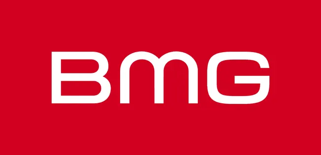 BMG music label logo on a red background, representing a major global music company and record label with a focus on music pu