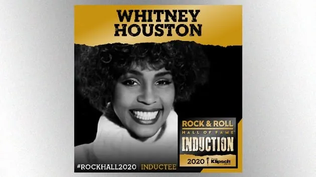 Whitney Houston rock and roll Hall of Fame induction poster featuring black and white photo with yellow background and bold t
