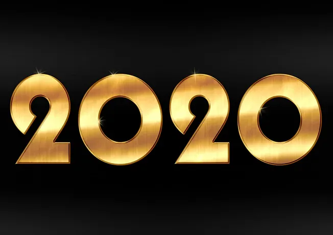 Golden 2020 numbers with a shiny metallic finish and sparkling highlights on a black background.
