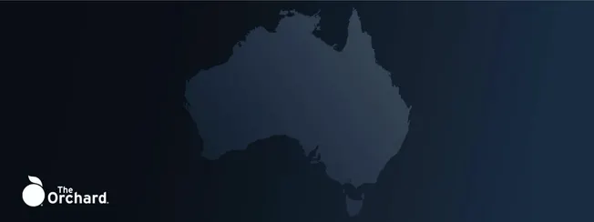 Aussie map silhouette with dark blue background, showcasing regional focus on Australian music industry, digital marketing, a