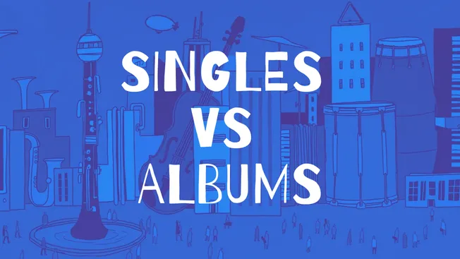Single vs album music release comparison illustration, digital drawing of cityscape with musical instruments, highlighting mu