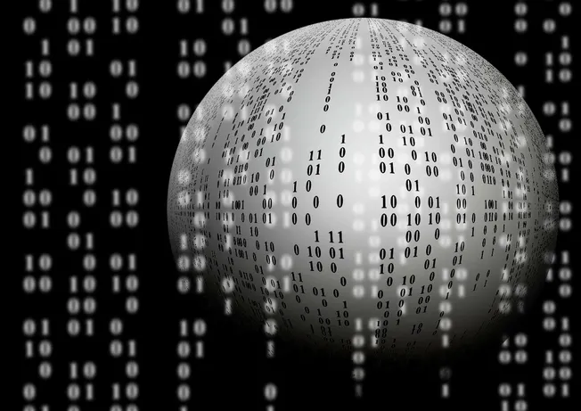 Binary code digital globe representing internet technology and digital music industry concepts.