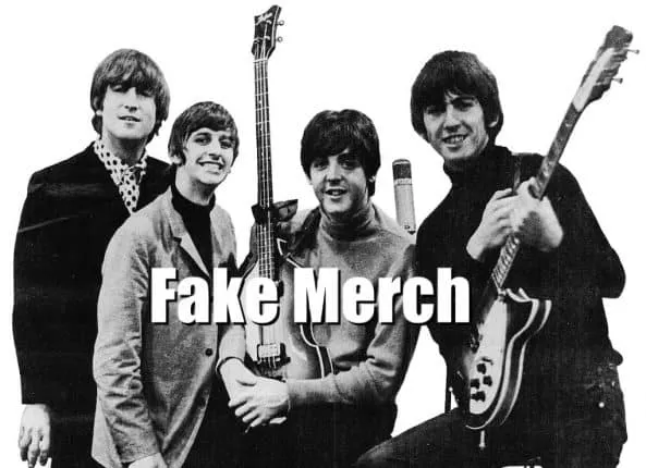 Fake Merch band members holding guitars, black and white photo, parody of famous music merchandise, representing counterfeit