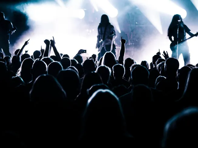 Concert crowd with silhouettes of musicians performing on stage under dramatic lighting at a live music event, energetic atmo