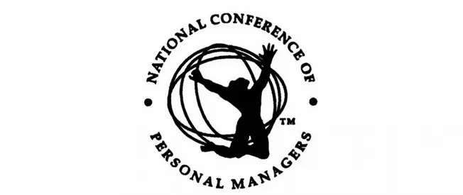 Dynamic black and white logo for the National Conference of Personal Managers, featuring a dancer silhouette within a globe,