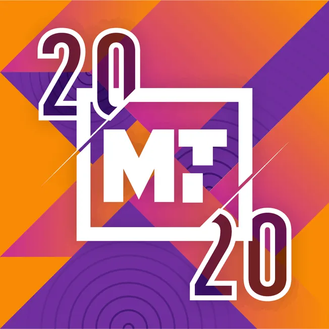 Dynamic music festival poster featuring bold typography and vibrant geometric background with the text "20 M.T. 20" showcasin