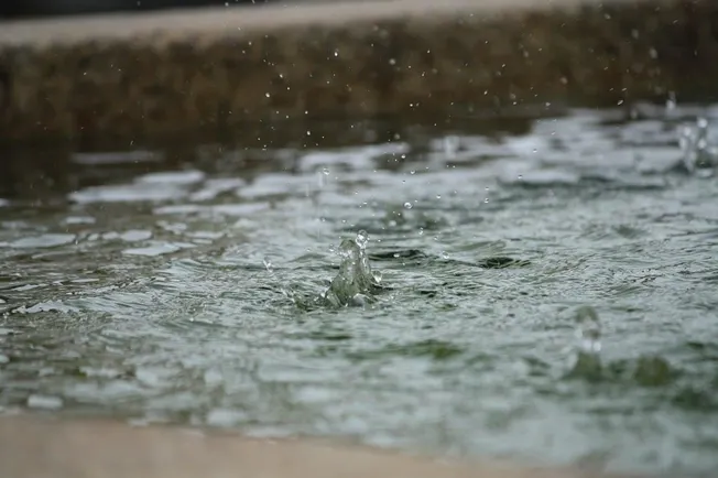 Droplets hitting the water surface, close-up of rain or splash on a lake or pond, natural outdoor scene, serene water ripples
