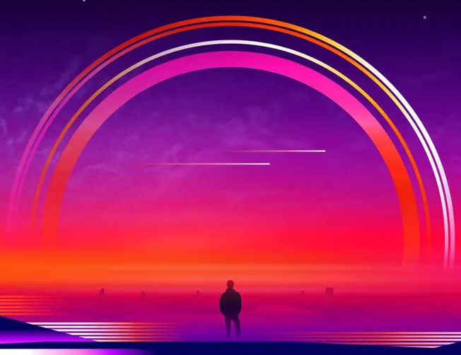 Vibrant digital sunset with neon rainbow arcs, a silhouetted person, and futuristic landscape, illustrating innovative music